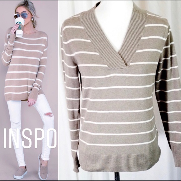 GAP Sweaters - GAP Tan and White Striped V-Neck Sweater